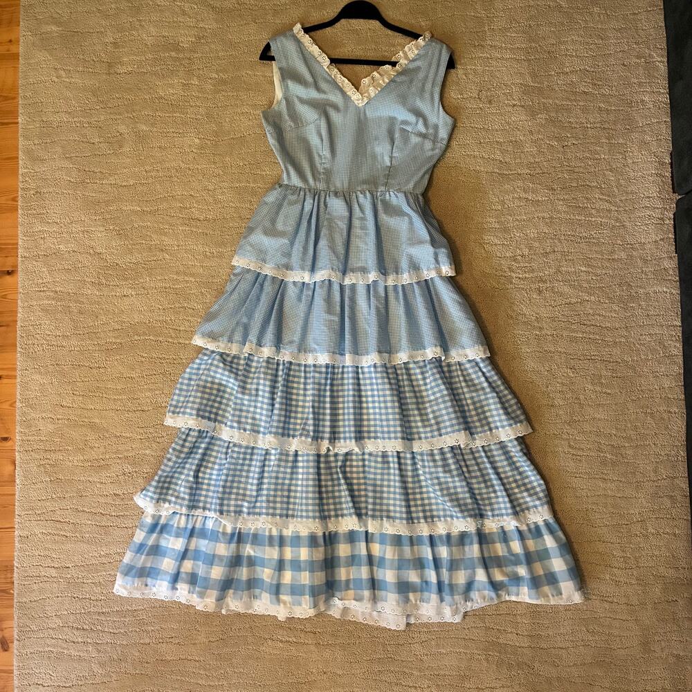 Vintage 70s S Couriers California Light Blue/White Gingham Tiered Dress Prairie